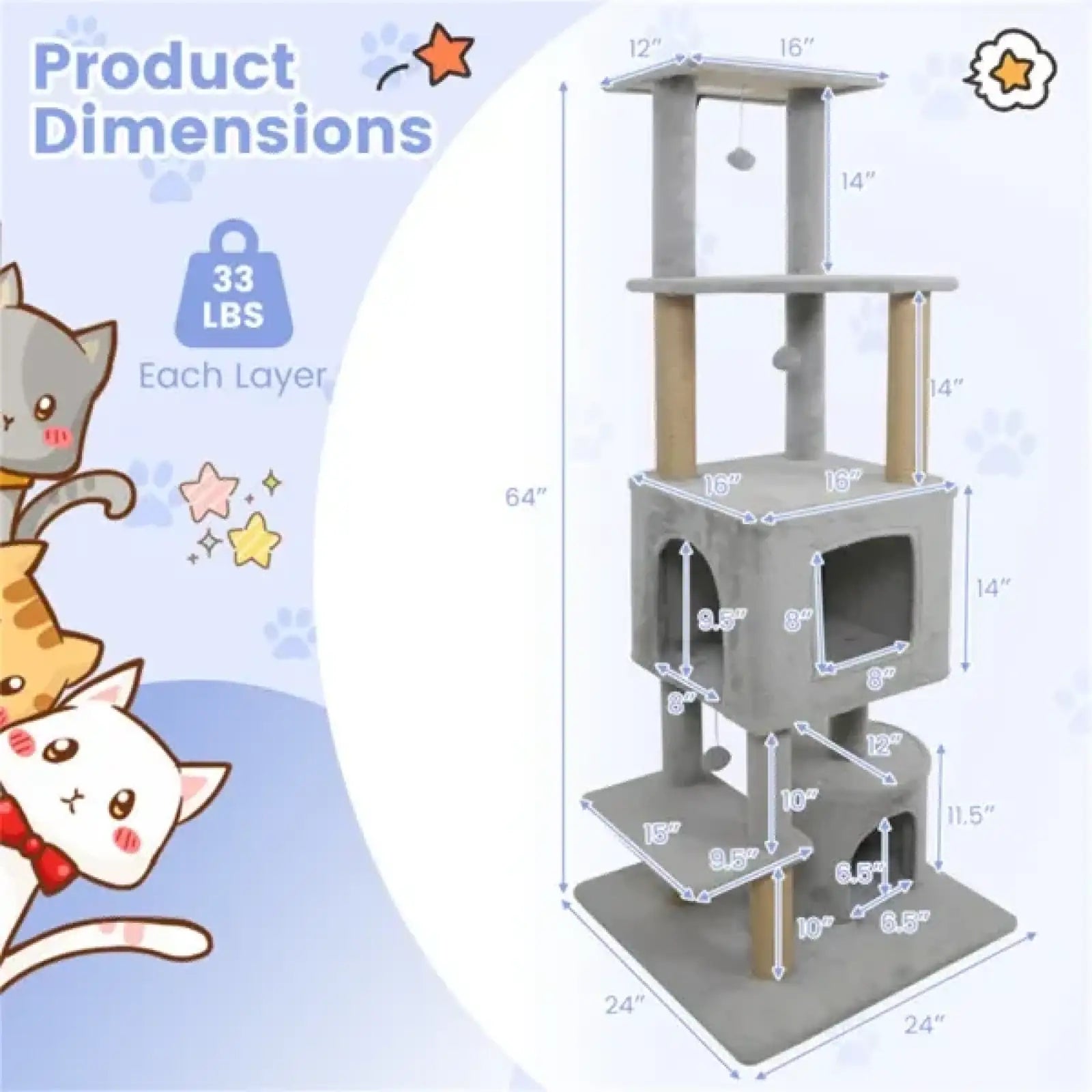 64 Inch Cat Tower with Jute Scratching Posts
