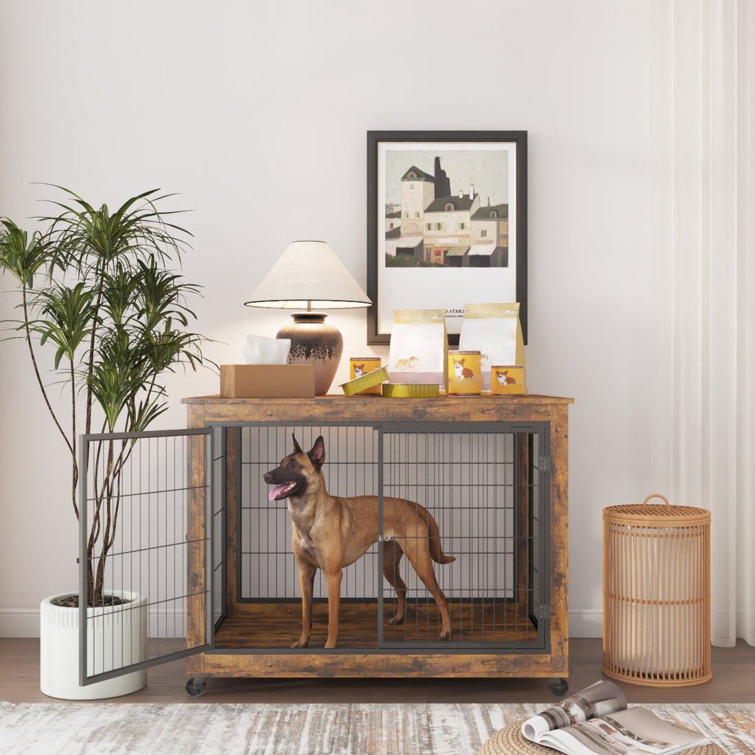Furniture Style Dog Crate Side Table on Wheels with Double Doors and Lift Top. Rustic Brown, 43.7&