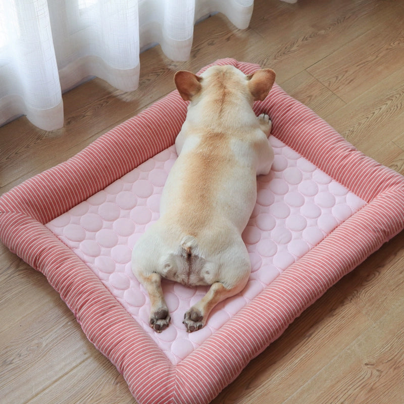 Cooling pet mats for dogs &amp; cats (puppies/kittens): ice silk, breathable, soft summer pads in pink/blue.
