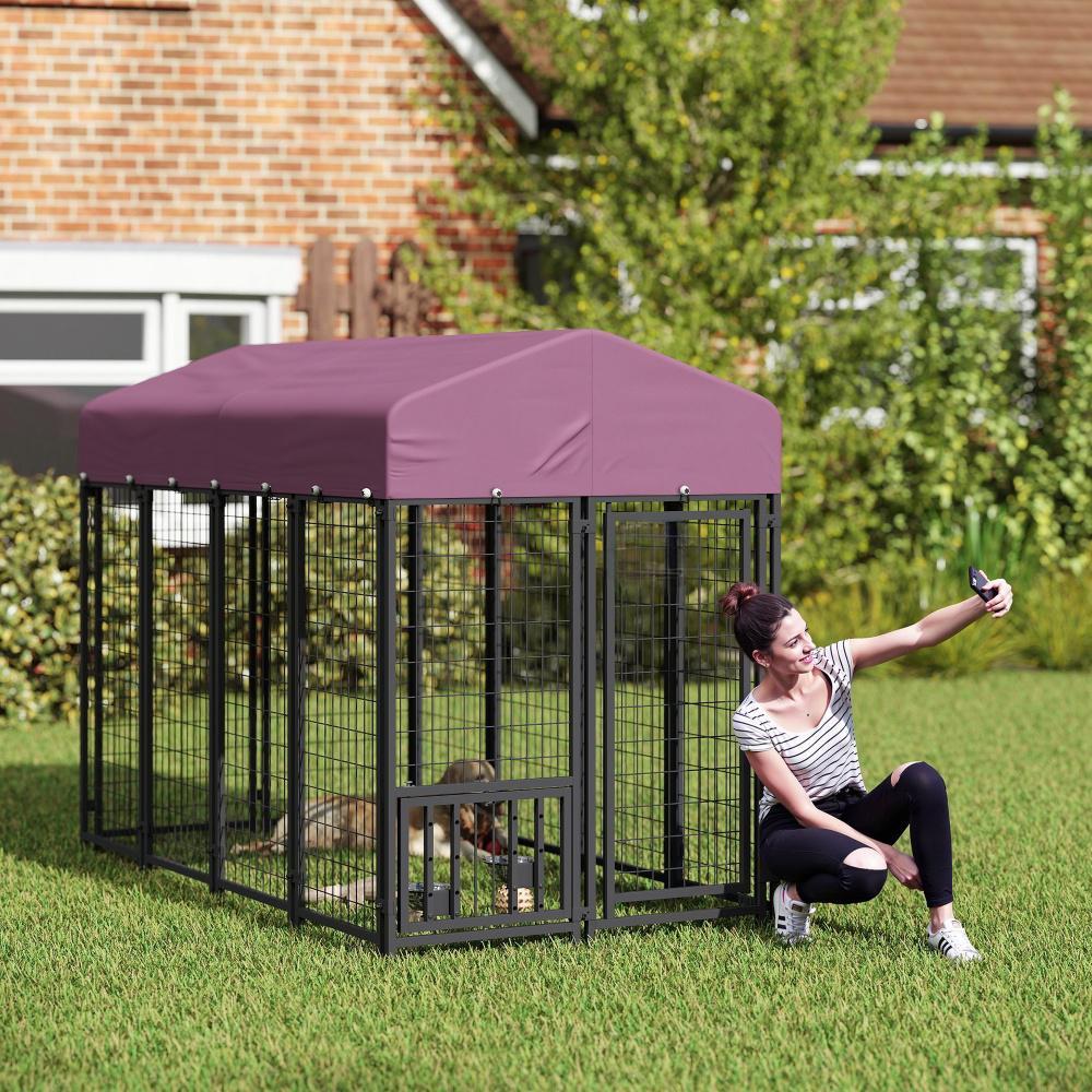 Welded Wire Outdoor Dog Kennel with 360° Rotating, Waterproof Cover, 7.9 x 4 x 6 ft