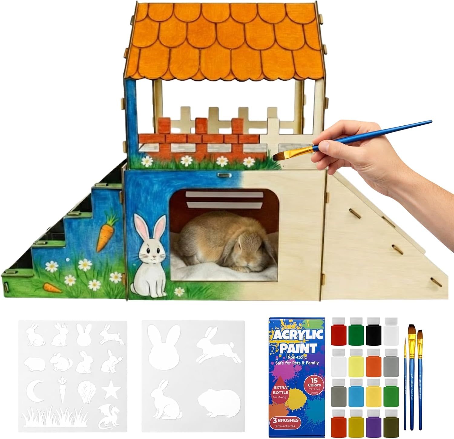 Rabbit Hideout House Wooden Bunny Castle for Small Pets Indoor Cage