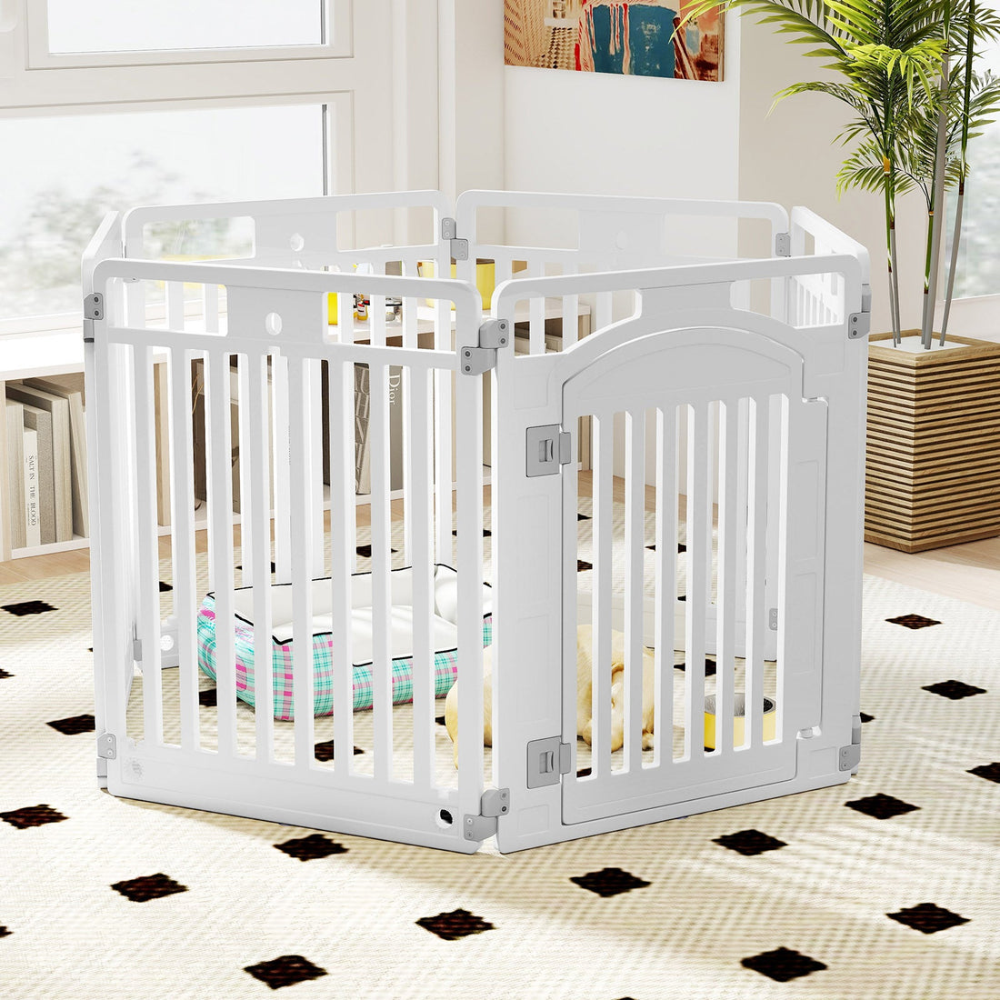 6-Panel Tall Dog Playpen Foldable Pet Fence with Locking Door-White