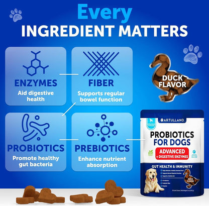 Probiotics for Dogs 70 Chews Duck Flavor Gut Health &amp; Prebiotics