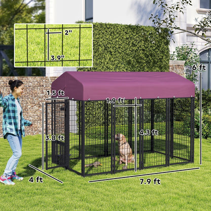 Welded Wire Outdoor Dog Kennel with 360° Rotating, Waterproof Cover, 7.9 x 4 x 6 ft