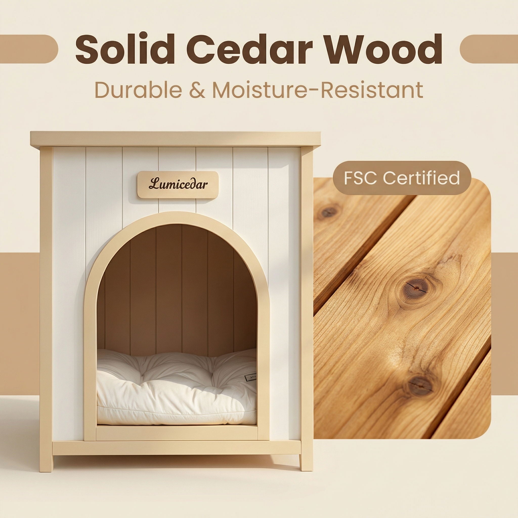 Indoor Dog House With Removable Cushion, Pet House For Cats &amp; Small Dogs - Cream White / Light Yellow