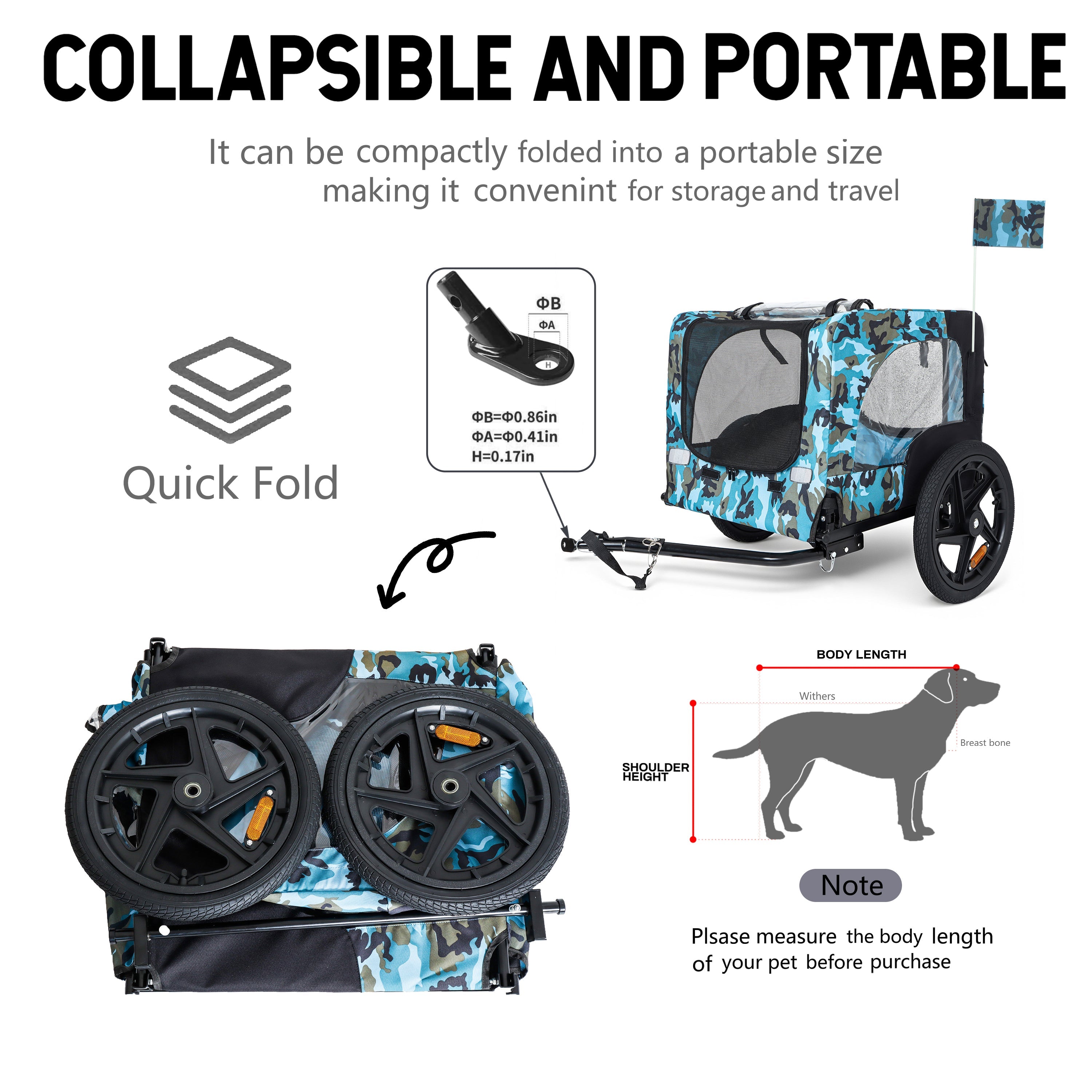 Outdoor Heavy Duty Collapsible Pet Bike Trailer with 16-Inch All-Terrain Wheels &amp; Universal Hitch – Foldable Dog/Cargo Carrier Cart for Bicycles, blue+black