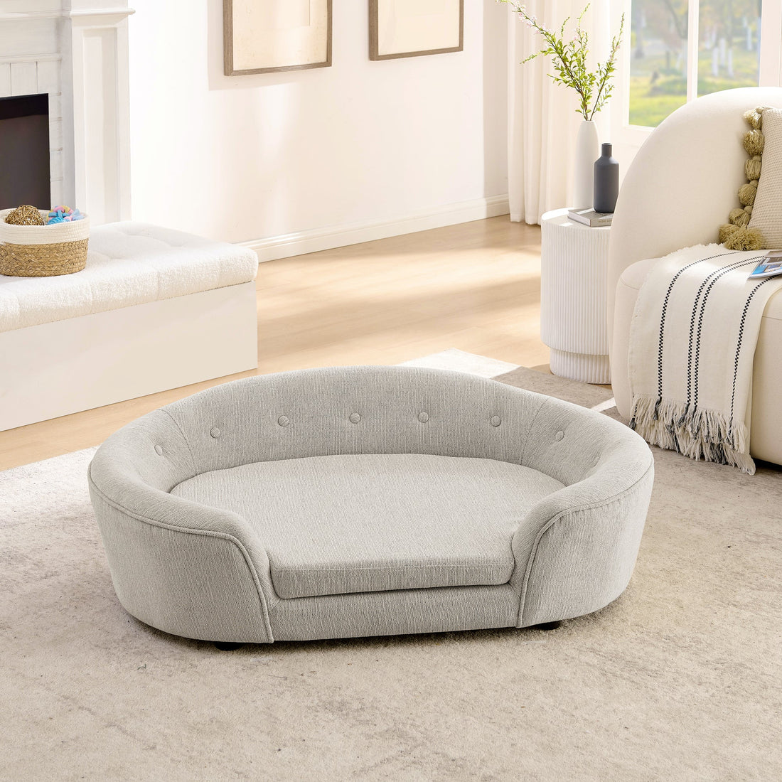OVERSIZED Size Oval Semi-Enclosed Dog Sofa - Durable Linen Material, Button-Tufted Backrest, High-Center Low-Sides Support &amp; Plush Comfort-Beige