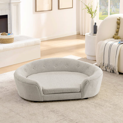 OVERSIZED Size Oval Semi-Enclosed Dog Sofa - Durable Linen Material, Button-Tufted Backrest, High-Center Low-Sides Support &amp; Plush Comfort-Beige