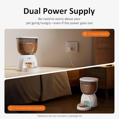5L/21 Cup Automatic Cat Feeder, Timed Cat Food Dispenser, Automatic Pet Feeders Up to 6 Meals 1-20 Portion, Dual Power Supply Cats Feeder with Stainless Steel, Pet Dry Food Dispenser for Cats &amp; Puppy