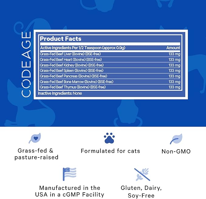Happy Healthy Organs &amp; Glands Supplement For Cats, Freeze-Dried Raw Bovine Liver Grass-Fed Bone Marrow Heart Kidney Pancreas, Bovine Thymus Iron Multi Organ Powder, Joints Cat Vitamins 1.48 oz