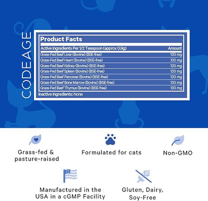 Happy Healthy Organs &amp; Glands Supplement For Cats, Freeze-Dried Raw Bovine Liver Grass-Fed Bone Marrow Heart Kidney Pancreas, Bovine Thymus Iron Multi Organ Powder, Joints Cat Vitamins 1.48 oz