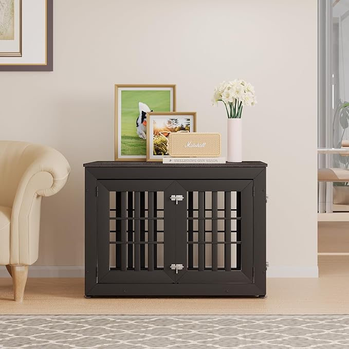 38" Heavy Duty Dog Crate Furniture for Small,Medium and Large Dogs,Rustic Wooden Dog Cage Kennel Indoor Furniture with Waterproof Top,Decorative Pet House Side End Table (Black &amp; Grey)