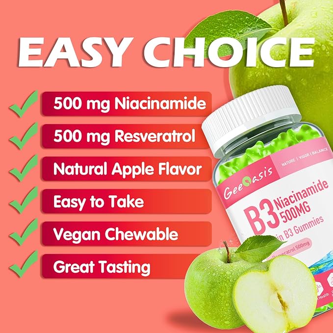 Niacinamide 500mg Gummies, Chewable Vitamin B3 Supplement with Resveratrol 500mg, High Potency Niacin for Antioxidant, Skin &amp; Brain Health, Immune Support, Vegan Apple Flavor, 60 Count