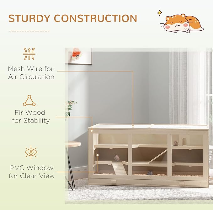 PawHut 45" Extra Large Wooden Hamster Cage, 3-Layer Chewproof Rat Cage with Opening Roof, Hut, Ramps, for Gerbil, Dwarf &amp; Syrian Hamsters, Natural