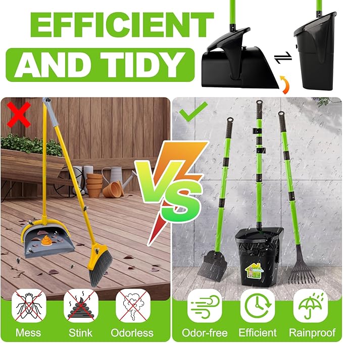 LANNEY Pooper Scooper - 38" Long Adjustable Metal Handle Dog Pooper Scooper Swivel Bin &amp; Rake &amp; Spade with 50 Bags Attachment, Portable Heavy Duty Dog Poop Scooper for Yard Dogs Large Medium Small