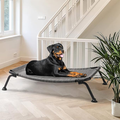 Veehoo Outdoor Elevated Dog Bed, Cooling Raised Dog Cot Bed XL, Portable Waterproof Curved Dogs Hammock Beds for Outside, up to 150lbs, Black Legs, Black Silver 49"
