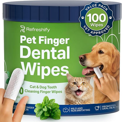 Dog Teeth Cleaning Wipes - 100 Value Pack - Fresh Mint Dog Dental Wipes, Vet Formulated Pet Teeth Cleaning Finger Wipes for Dogs &amp; Cats – Effective Dog Teeth Cleaning, Plaque &amp; Tartar Solution