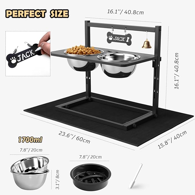 Elevated Dog Bowls with Slow Feeder and Spill Proof Mat, Adjustable Height 4.3-11.8&