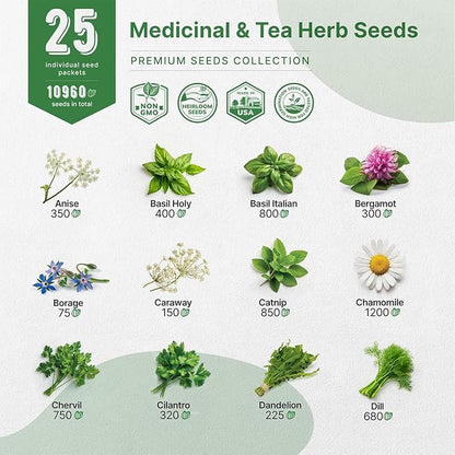 Organo Republic 25 Medicinal &amp; Tea Herb Seeds Variety Pack for Indoor &amp; Outdoors. 10900+ Non-GMO Heirloom Garden Seeds: Anise, Borage, Cilantro, Chamomile, Dandelion, Rosemary, Peppermint Seeds