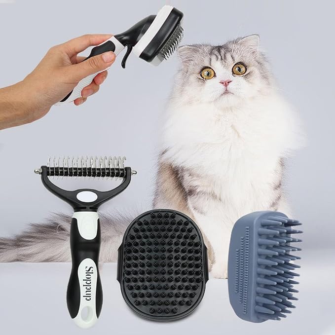Dog Brush Kit for Grooming Short &amp; Long Haired Dogs &amp; Cats, 4-in-1 Pet Grooming Set with Self-Cleaning Slicker Brush, Deshedding Tool, Shampoo Bath Comb, Massge Comb (White Black)