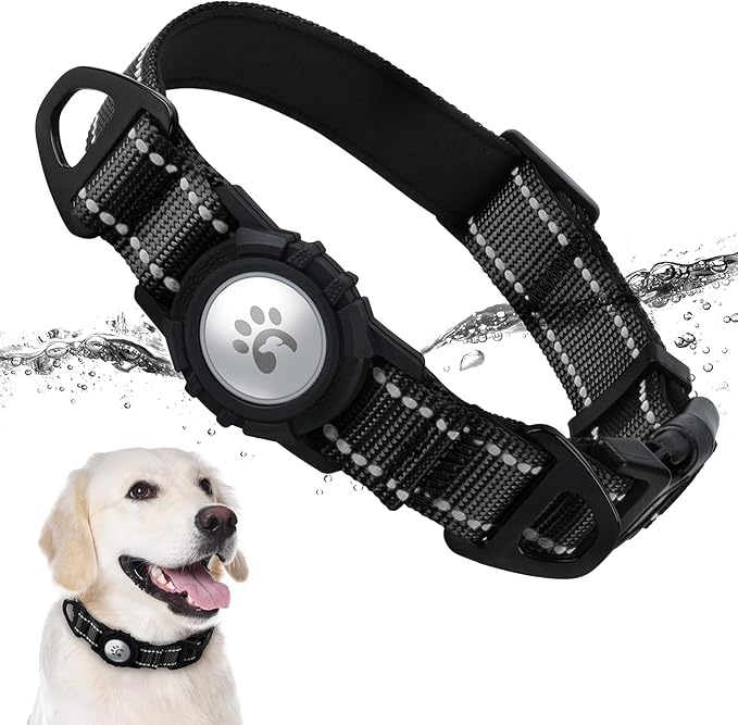 TagME Airtag Dog Collar,Waterproof Reflective Pet Collar with Airtag Holder,Soft Padded and Double D-Rings for Extra Large Dogs,Black