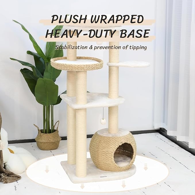 KAMABOKO Modern Cat Tree, 53" Cat Tower for Indoor Cats Natural Sisal Scratching Posts, Hand-Woven Condo &amp; Top Perch, Cat Tree Tower for Kittens Climb Play &amp; Rest
