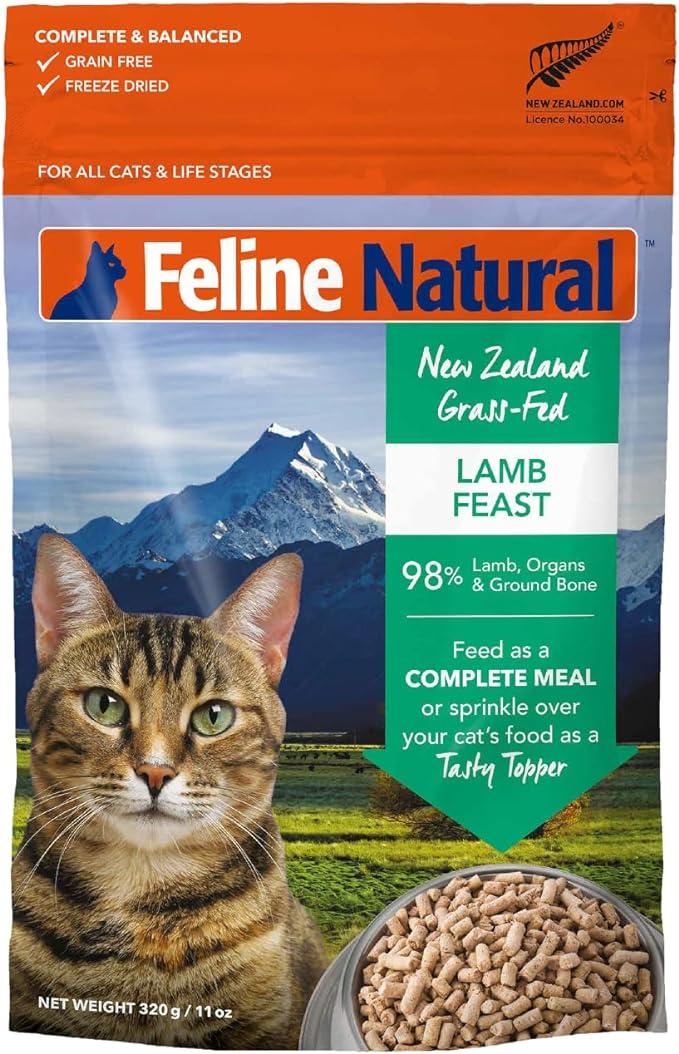 Feline Natural High Protein Dry Cat Food, Freeze-Dried Diet with 98% Meat, Organs &amp; Seafood, No Peas, Grains, or Artificial Additives, Made in New Zealand, Lamb, 11oz
