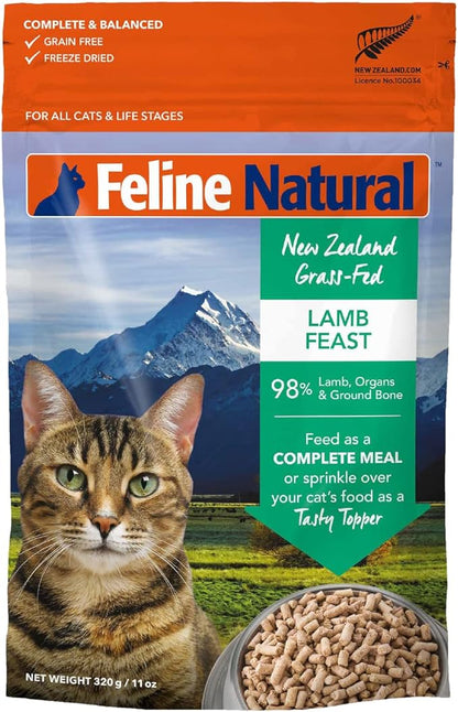 Feline Natural High Protein Dry Cat Food, Freeze-Dried Diet with 98% Meat, Organs &amp; Seafood, No Peas, Grains, or Artificial Additives, Made in New Zealand, Lamb, 11oz