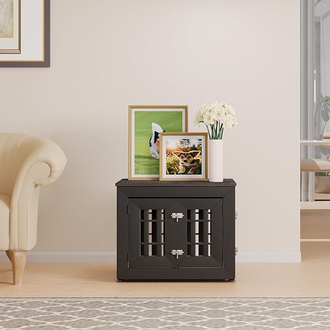 26" Heavy Duty Dog Crate Furniture for Small,Medium and Large Dogs,Rustic Wooden Dog Cage Kennel Indoor Furniture with Waterproof Top,Decorative Pet House Side End Table (Black &amp; Grey)