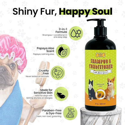 POM Pets 2-in-1 Organic Dog Shampoo &amp; Conditioner – Itchy Skin Relief, Dog Deshedding, Detangles Fur, Cat Shampoo, Paw Cleaner for Dogs, Natural Coat Defense Formula