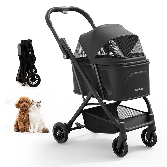 Lightweight Dog Stroller for Small Dogs &amp; Cats Portable Compact Folded Pet Stroller Up to 35lbs Medium Pets One Click Folding Large Cat Carriage with Convertible Canopy Storage Basket-Black