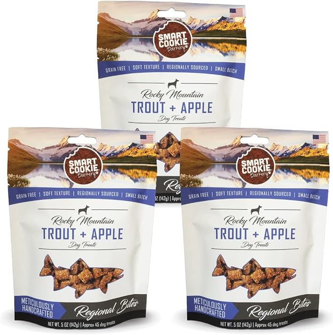 Smart Cookie All Natural Dog Treats - Trout &amp; Apple - Training Treats for Dogs with Allergies, Sensitive Stomachs - Soft Dog Treats, Grain Free, Chewy, Human-Grade, Made in USA - 5oz, Pack of 3