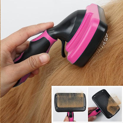 Dog Brush Kit for Grooming Short &amp; Long Haired Dogs &amp; Cats, 4-in-1 Pet Grooming Set with Self-Cleaning Slicker Brush, Deshedding Tool, Shampoo Bath Comb, Massge Comb (Pink Black)