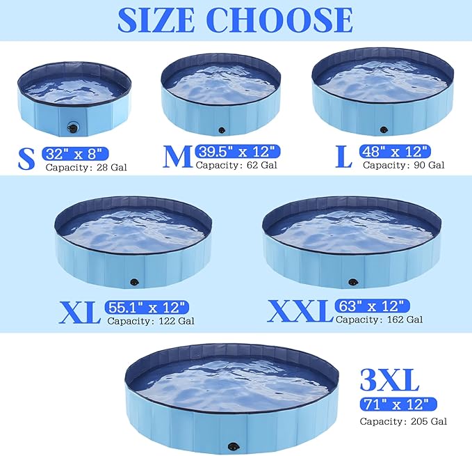 Foldable Dog Bath Swimming Pool Plastic Kiddie Pool Professional Tub Collapsible Grooming Bathtub for Pets Kids Baby and Toddler, 87 x 12 Inches Blue
