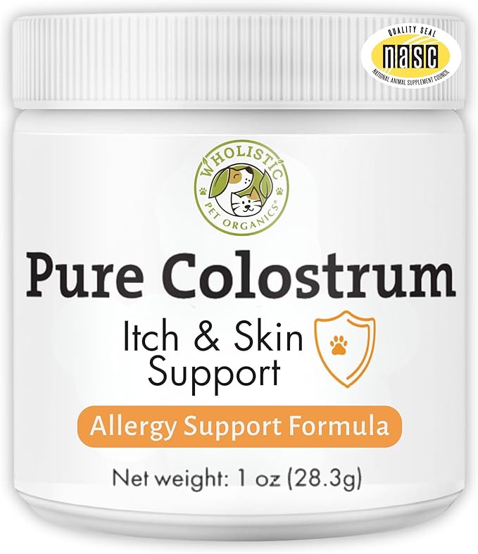 Wholistic Pet Organics Pure Colostrum - 1 Oz - Dog Allergy Relief &amp; Itchy Skin Treatment, Senior Dog Supplements &amp; Immune Support, Licking Paws, Anti Itch for Dogs and Cats