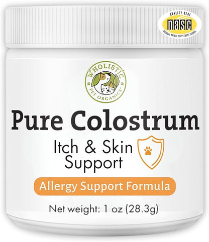Wholistic Pet Organics Pure Colostrum - 1 Oz - Dog Allergy Relief &amp; Itchy Skin Treatment, Senior Dog Supplements &amp; Immune Support, Licking Paws, Anti Itch for Dogs and Cats