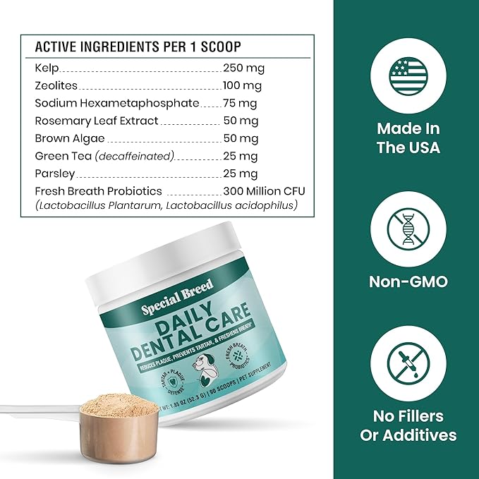 Dog Teeth Cleaning Powder – Natural Dog Dental Powder for Tartar Control, Fresh Breath &amp; Gum Health – Daily Plaque Remover with Zeolite, Brown Algae, Probiotics &amp; Rosemary – 90 Scoops