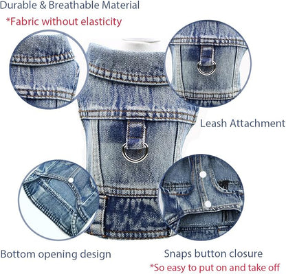 Puppy Clothes for Small Dogs Boy,Classic Western Denim Dog Coat,Dog Jeans Jacket with Leash D-Ring,Pet Cat Costumes,Cooling Harness Vest for Walking (Blue, Medium)