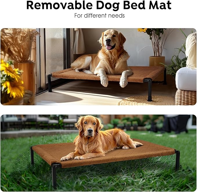 Veehoo Soft Plush Elevated Dog Bed, Raised Dog Beds with Heavy Duty Frame, Non-Slip Silicon Feet, Washable &amp; Breathable Pet Cot for Indoor or Outdoor Use, 35" x 22", Brown, CWC2432A