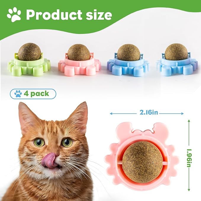 4 Pack Catnip Balls Roller Wall Ball for Cats Spinning Catnip Station Licking Balls Organic Cat nip Chew Ball for Teeth Cleaning &amp; Play