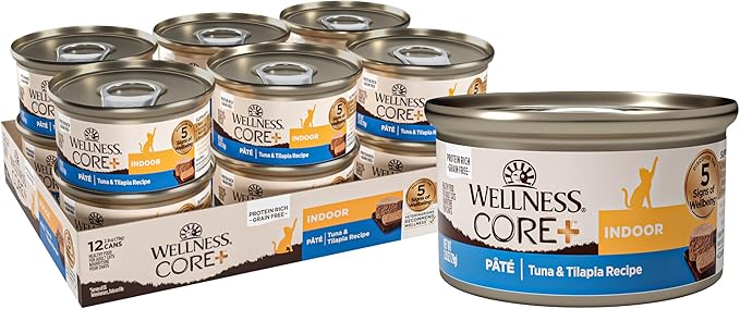 Wellness CORE+ Indoor Pate Adult Wet Cat Food, Natural, Protein-Rich, Grain Free, 2.8 Ounce, 12 Pack (Tuna &amp; Tilapia)