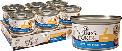 Wellness CORE+ Indoor Pate Adult Wet Cat Food, Natural, Protein-Rich, Grain Free, 2.8 Ounce, 12 Pack (Tuna &amp; Tilapia)