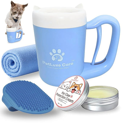 Dog Paw Cleaner for Small &amp; Medium Dogs – Portable Paw Washer Cup with Soft Silicone Brush, Towel &amp; Moisturizing Balm – Gently Cleans Muddy Paws After Walks (Blue, Small)