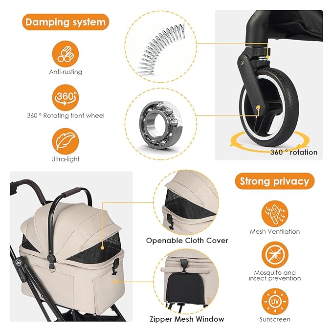 X2 Pet Stroller, Dog Cat Stroller for Small Pets Under 44lbs, Equipped with Detachable &amp; Foldable Carrier, Waterproof Pad &amp; Sunshade Canopy,Camel (Camel)