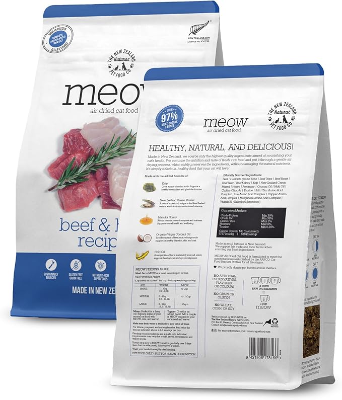 Meow Air Dried Cat Food - Beef &amp; Hoki Recipe - Topper, Mixer or as Cat Training Treats, All Life Stages - 26.5 oz