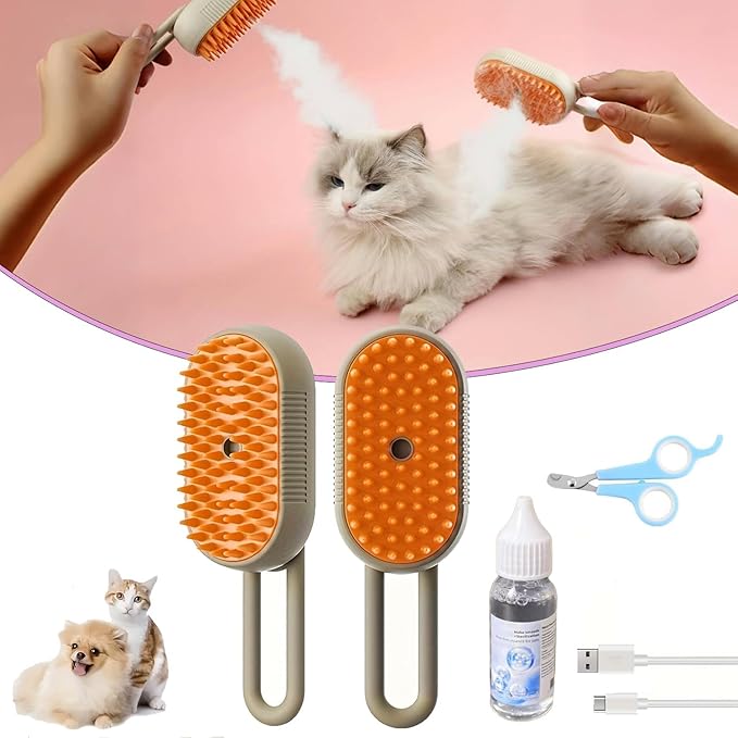Brown+Essence 3 in 1 Steamy Pet Brush - Spritz Defur Comb for Cats &amp; Dogs Grooming Tool (Brown+Essence)