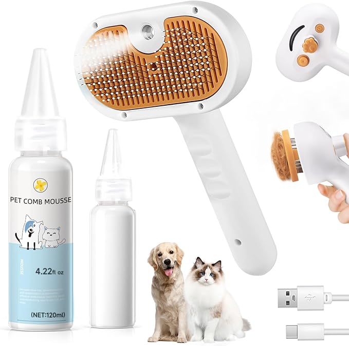 Pet Steam Brush for Dog &amp; Cat – 3-in-1 Spray Hair Removal Comb – Steam for Shedding &amp; Grooming – Water Brush for Long &amp; Short Haired Pets – Spritz Defur Comb – Includes Waterless Shampoo