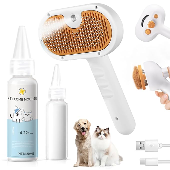 Steam Brush for Dog &amp; Cat – 3-in-1 Pet Spray Hair Removal Comb – Pet Grooming &amp; Shedding Steam – Includes Waterless Shampoo – Water Brush for Long &amp; Short Haired Pets – Defur Spritz Comb