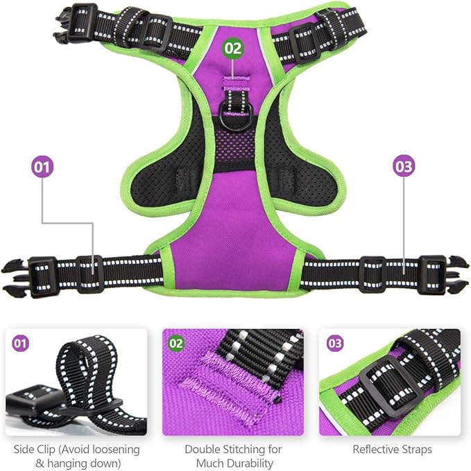 PHOEPET 2019 No Pull Dog Harness Medium Reflective Front Clip Vest with Handle,Adjustable 2 Metal Rings 3 Buckles,[Easy to Put on &amp; Take Off](M, Purple)