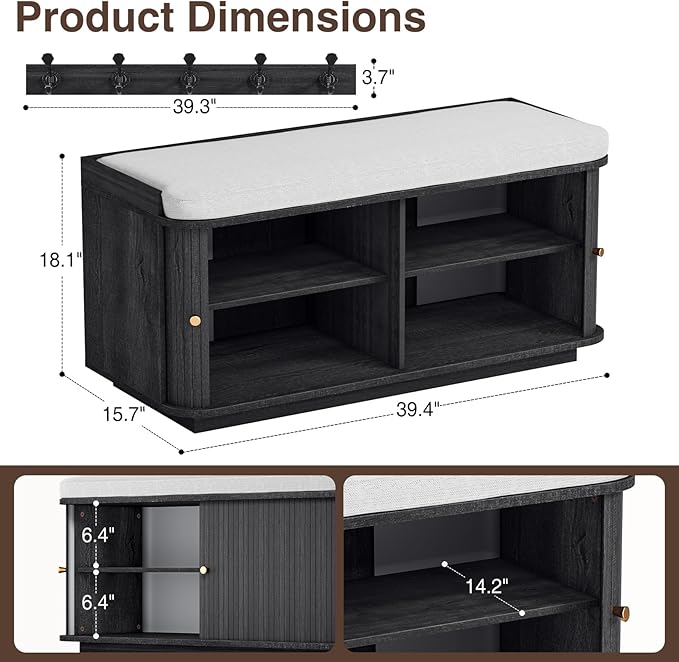 Dark Grey 39.4" W 2-Tier Shoe Bench with Storage | Entryway Bench with Padded Cushion, Sliding Doors &amp; 5 Hooks